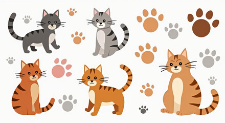  Cute Cartoon Cats and Paw Prints Illustration - Ideal for Animal-Themed Designs and Children's Projects