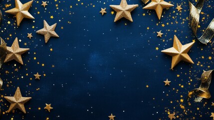 Wall Mural - festive christmas and new year background featuring elegant golden stars and shimmering gilded ribbo