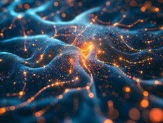 Leinwandbilder - A vibrant, abstract visualization of interconnected nodes and luminous pathways, representing data flow or neural connections in a digital landscape.