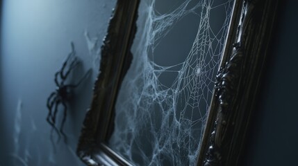 Ornate Frame Reflecting a Dew-Covered Spiderweb