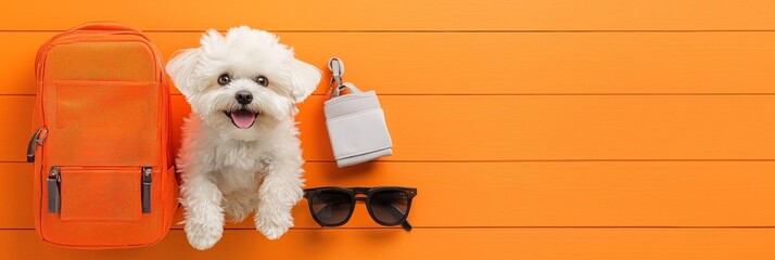 pet travel  vacation  road trip concept. A cute white dog sits beside an orange backpack, sunglasses, and a small bottle on a bright orange wooden surface.