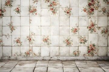 Wall Mural - Faded floral wallpaper grimy white tile floor vintage grunge with clear division, Ai generated