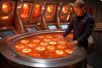 Poster - Futuristic Control Panel Interface Sci Fi Technology Orange Lights Hexagon Display