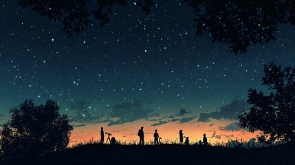 Beautiful astronomy park, ideal for astrophotography and stargazing. Beautiful photo showing the night sky filled with stars. Some silhouettes of telescopes and people are evident