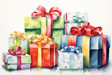 Craft a watercolor design showcasing a delightful Christmas gift display painted with soft strokes Include a mix of colorful wrapping papers and ribbons