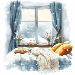 Wall Mural - Cozy winter bedroom with snowy view, warm blankets, and decorative pillows. scene evokes sense of comfort and tranquility