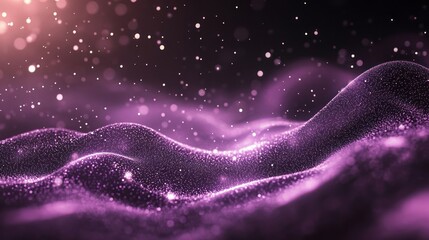 Poster - Digital new year background featuring a flowing wave of purple particles with shimmering light effects, sparkling dots, and twinkling stars, perfect for futuristic festive designs and celebratory even