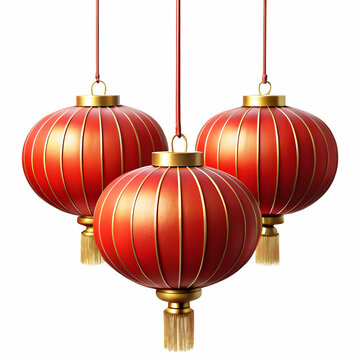 Three Traditional Chinese Lanterns Hanging Against White Background