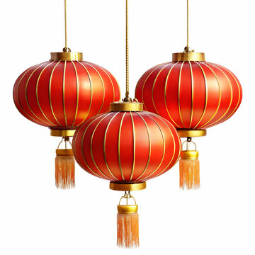 Three Traditional Chinese Lanterns Hanging Against White Background