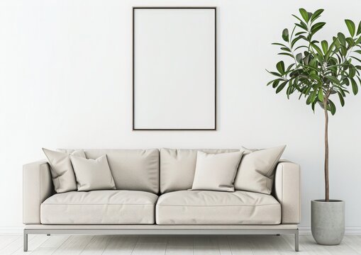 A minimalist living room interior with a beige sofa. a wooden frame. and a plant The wall is white and the sofa has a pillow on it