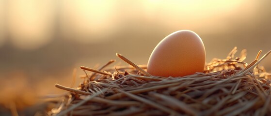 A single egg resting in a nest at sunrise.