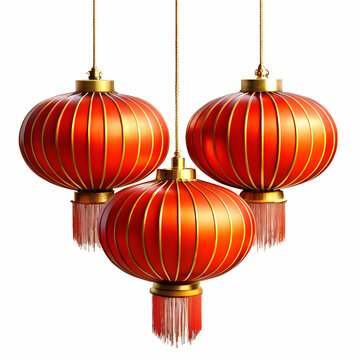 Three Traditional Chinese Lanterns Hanging Against White Background