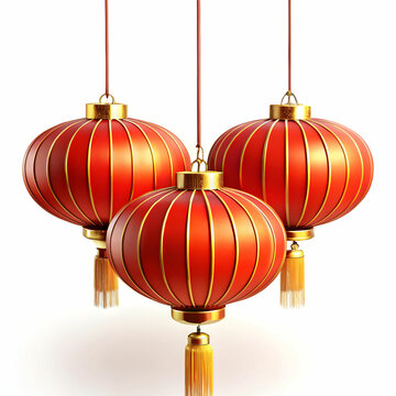 Three Traditional Chinese Lanterns Hanging Against White Background