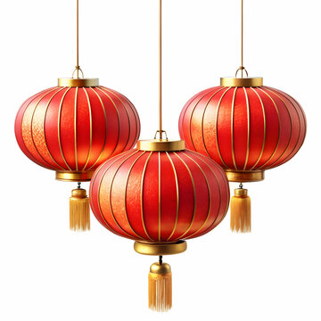 Three Traditional Chinese Lanterns Hanging Against White Background