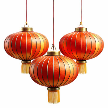 Three Traditional Chinese Lanterns Hanging Against White Background