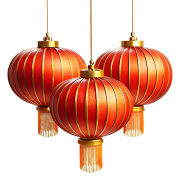 Three Traditional Chinese Lanterns Hanging Against White Background