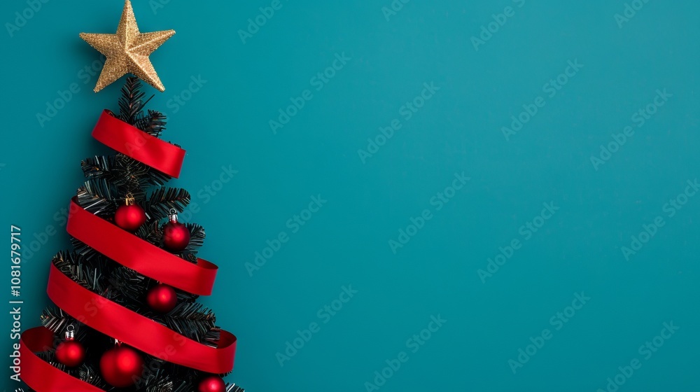 Minimalist Christmas tree made of red ribbon and ornaments on a teal background with copy space.
