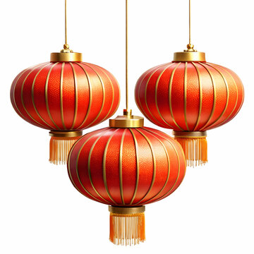 Three Traditional Chinese Lanterns Hanging Against White Background