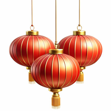 Three Traditional Chinese Lanterns Hanging Against White Background