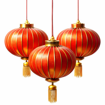 Three Traditional Chinese Lanterns Hanging Against White Background