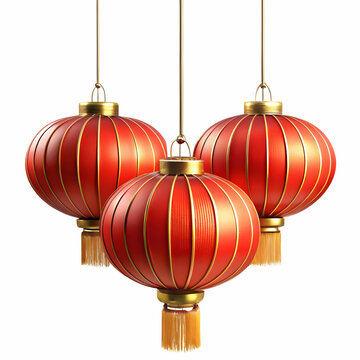 Three Traditional Chinese Lanterns Hanging Against White Background