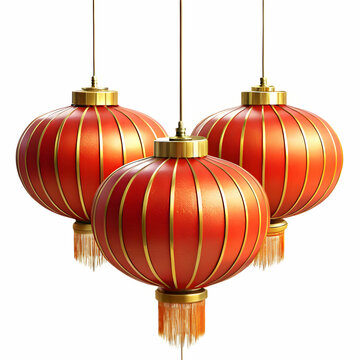 Three Traditional Chinese Lanterns Hanging Against White Background