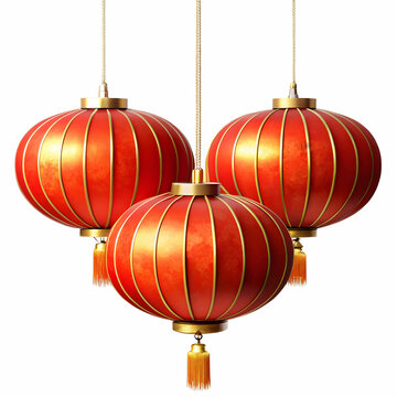 Three Traditional Chinese Lanterns Hanging Against White Background