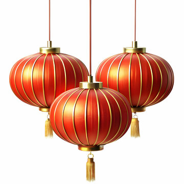 Three Traditional Chinese Lanterns Hanging Against White Background