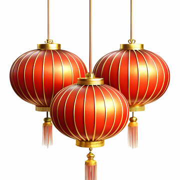 Three Traditional Chinese Lanterns Hanging Against White Background