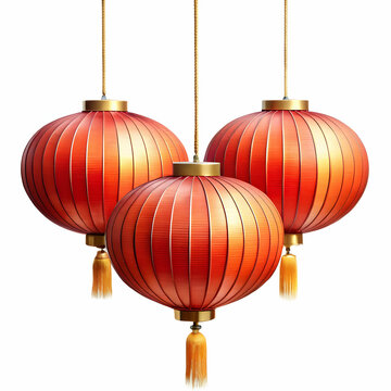 Three Traditional Chinese Lanterns Hanging Against White Background