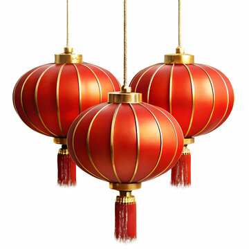 Three Traditional Chinese Lanterns Hanging Against White Background