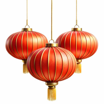 Three Traditional Chinese Lanterns Hanging Against White Background