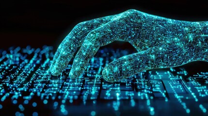Poster - Futuristic AI Hand Typing on Digital Keyboard Technology Concept