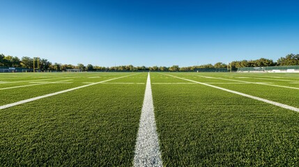 Poster - A football field with focus on the freshly painted yard lines, outdoor setting under clear blue sky, Crisp style