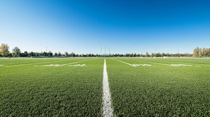 Poster - A football field with focus on the freshly painted yard lines, outdoor setting under clear blue sky, Crisp style
