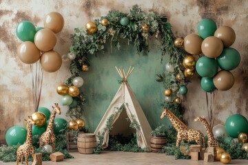 Wall Mural - A giraffe is standing in front of a teepee and a bunch of balloons