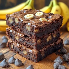 Three stacked brownies with bananas on top