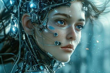 Poster - A woman with a futuristic cybernetic headpiece. AI.
