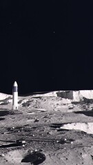 Wall Mural - Vertical Medium Shot Showing a Futuristic Space Rocket on the Surface of the Moon with Planet Earth in the Background