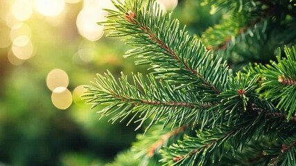 A close-up of a pine branch, showcasing its vibrant green needles against a blurred background of sunlight