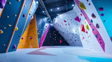 Leinwandbilder - A futuristic indoor bouldering gym with colorful holds, climbing routes, and futuristic lighting