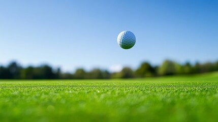 Poster - A golf ball in mid-air after a tee shot, outdoor setting on a green fairway, Elegant style