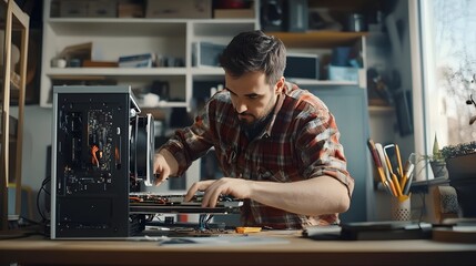 Wall Mural - Man assembles a computer system unit at home