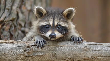 Wall Mural - A curious baby raccoon with black eyes and a black mask peeks out from behind a tree branch.