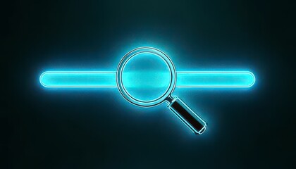 Poster - Search engine with search bar concept. A glowing blue magnifying glass icon on a dark background, symbolizing search and exploration in a digital context.