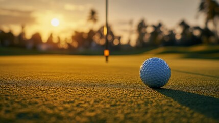 Aufkleber - A golf ball on the green with the flagstick in the background, outdoor setting during golden hour, Serene style