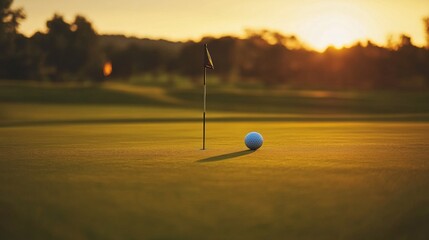 Poster - A golf ball on the green with the flagstick in the background, outdoor setting during golden hour, Serene style