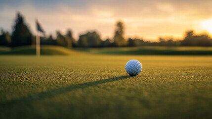 Poster - A golf ball on the green with the flagstick in the background, outdoor setting during golden hour, Serene style