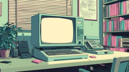 Poster - Retro computer setup with a blank screen.