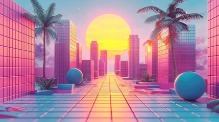 Poster - Retro futuristic city with palm trees and sunset.